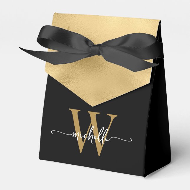  Elegant Gold Foil Modern Monogram Name Script Favour Box (Front Side)