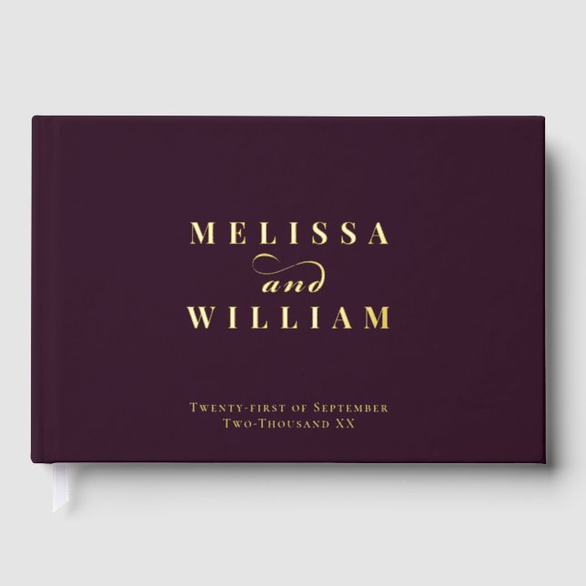 Elegant Gold Foil Modern Wine Burgundy Wedding Guest Book (Front)
