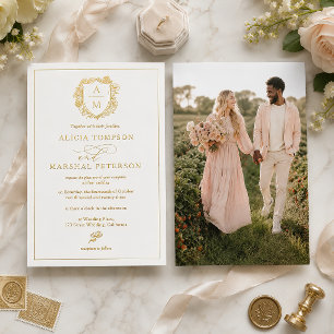 Elegant Gold Foil Monogram Crest Photo Wedding