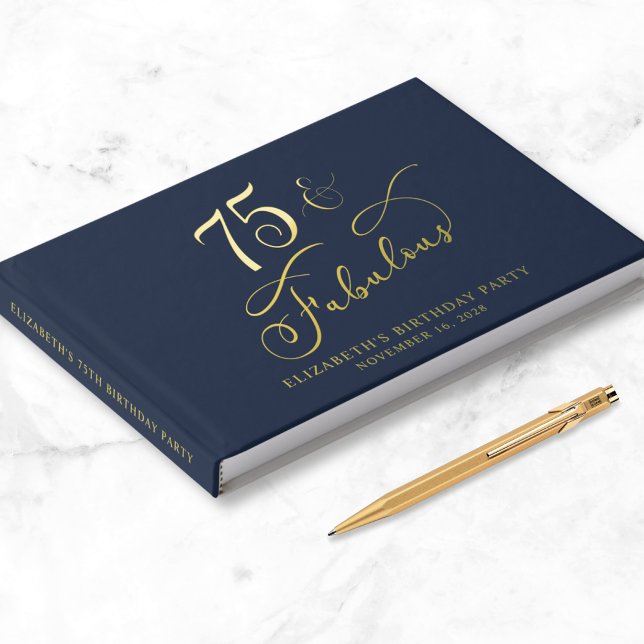 Elegant Gold Foil Navy Blue 75th Birthday Party Guest Book (Creator Uploaded)