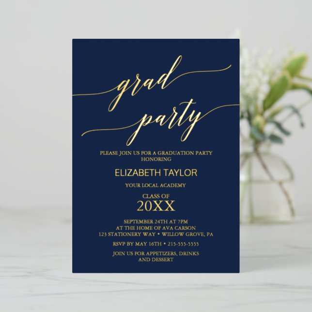 Elegant Gold Foil | Navy Blue Graduation Party (Standing Front)