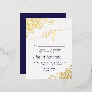 Elegant Gold Foil Navy Blue Wedding RSVP Card