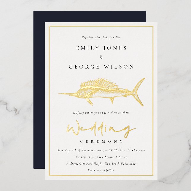 Elegant Gold Foil Navy Marline Fish Wedding (Front/Back)
