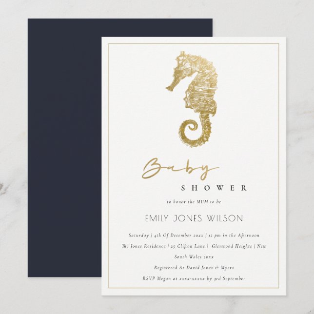 ELEGANT GOLD FOIL NAVY SEAHORSE BABY SHOWER INVITE (Front/Back)
