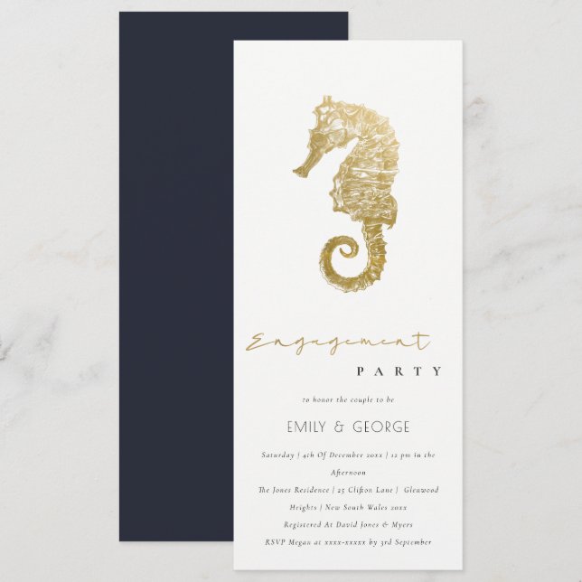 ELEGANT GOLD FOIL NAVY SEAHORSE ENGAGEMENT PARTY INVITATION (Front/Back)