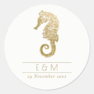 ELEGANT GOLD FOIL NAVY SEAHORSE MONOGRAM WEDDING C CLASSIC ROUND STICKER
