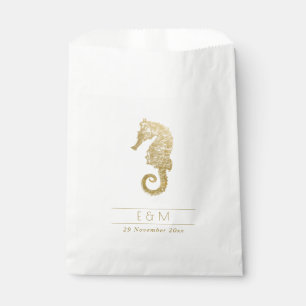 ELEGANT GOLD FOIL NAVY SEAHORSE MONOGRAM WEDDING  FAVOUR BAGS