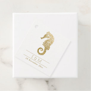 ELEGANT GOLD FOIL NAVY SEAHORSE MONOGRAM WEDDING  FAVOUR TAGS
