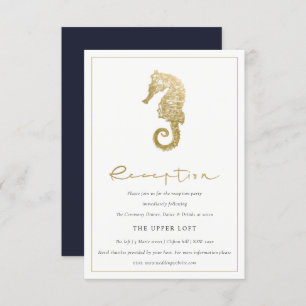 ELEGANT GOLD FOIL NAVY SEAHORSE WEDDING RECEPTION ENCLOSURE CARD