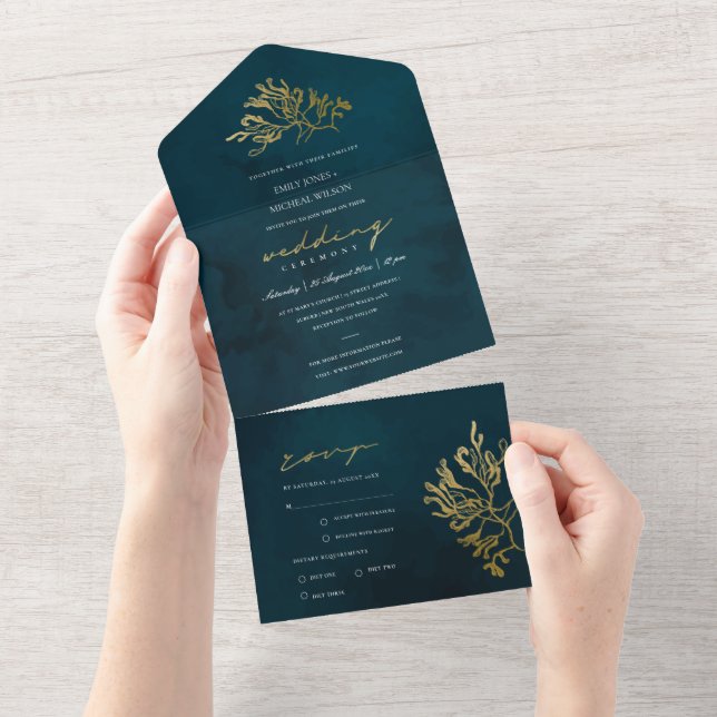 ELEGANT GOLD FOIL NAVY UNDERWATER SEAWEED WEDDING  ALL IN ONE INVITATION (Tearaway)