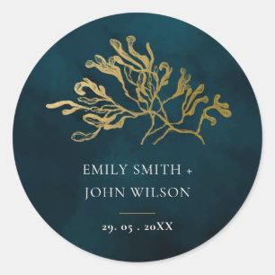 ELEGANT GOLD FOIL NAVY UNDERWATER SEAWEED WEDDING  CLASSIC ROUND STICKER