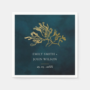ELEGANT GOLD FOIL NAVY UNDERWATER SEAWEED WEDDING NAPKIN