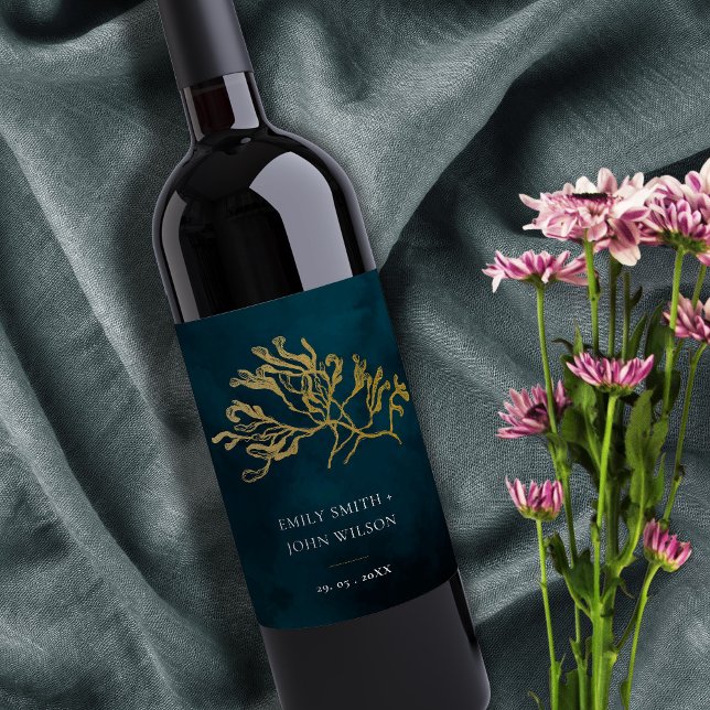 ELEGANT GOLD FOIL NAVY UNDERWATER SEAWEED WEDDING WINE LABEL (Creator Uploaded)
