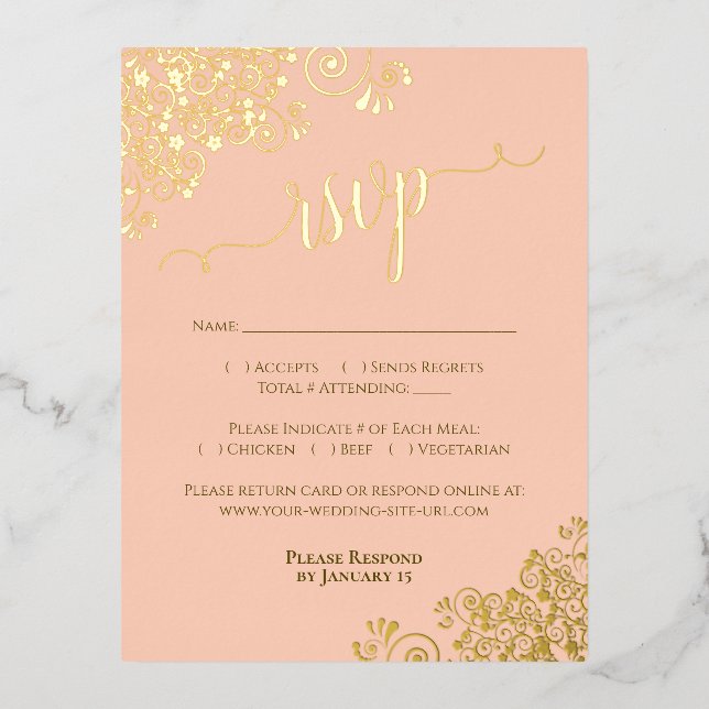 Elegant Gold Foil on Coral Peach Wedding RSVP Card (Front)