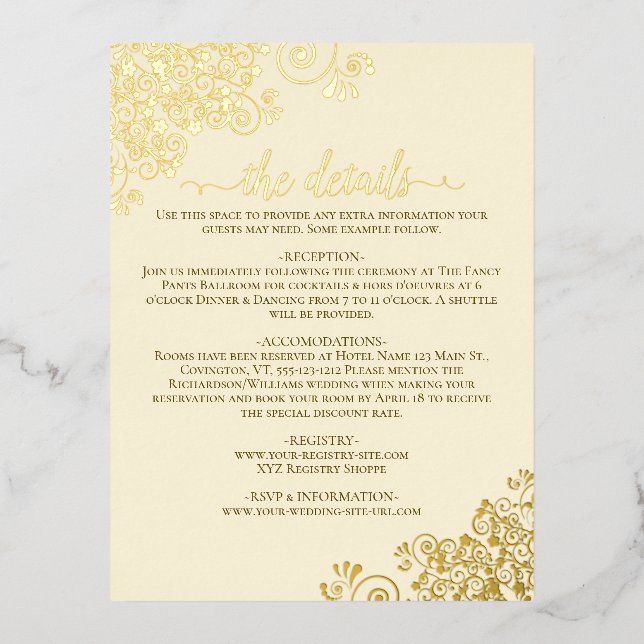 Elegant Gold Foil on Cream Wedding Details Card (Front)