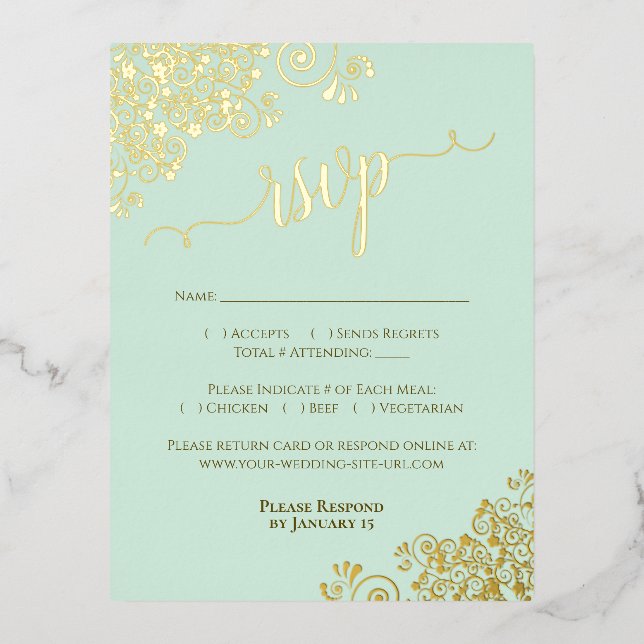 Elegant Gold Foil on Mint Green Wedding RSVP Card (Front)