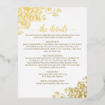 Elegant Gold Foil on White Wedding Details Card<br><div class="desc">These gorgeous wedding detail cards feature an elegant script title with delicate swashes or flourishes on the ends of the letters printed in real gold foil. There are delicate curls and swirls in the corners, all on a classic white background. The centre of the card is a large text area...</div>