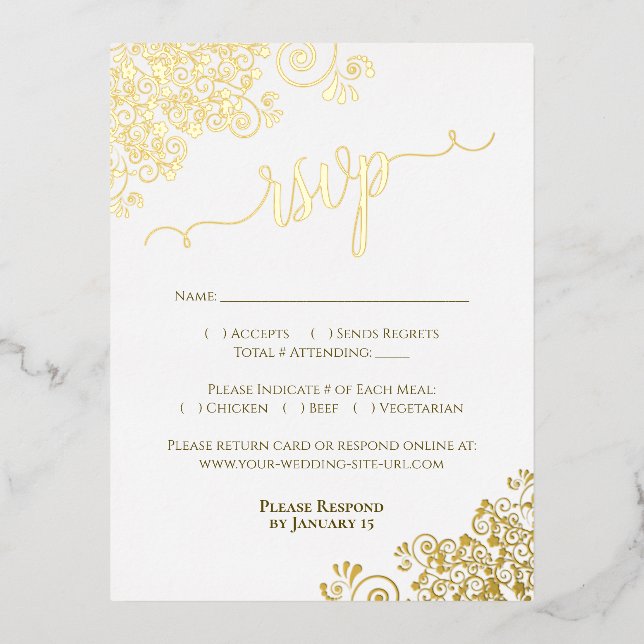 Elegant Gold Foil on White Wedding RSVP Card (Front)