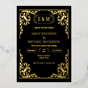 Elegant Gold Foil Ornate Monogram Black  Wedding 