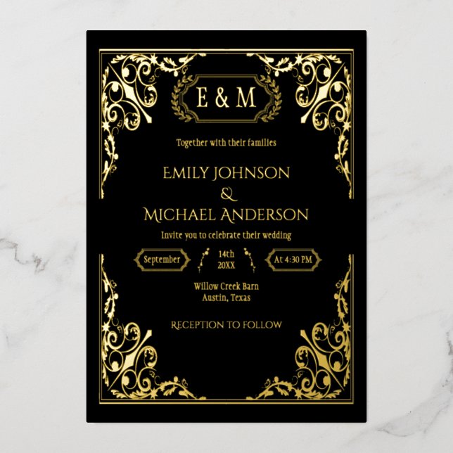 Elegant Gold Foil Ornate Monogram Black  Wedding  (Front)