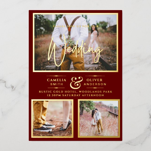 Elegant GOLD FOIL Photo Collage Burgundy Wedding (Front)