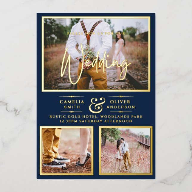 Elegant GOLD FOIL Photo Collage Navy Blue Wedding (Front)