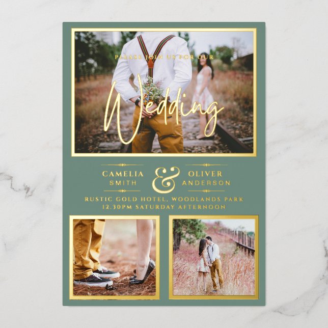 Elegant GOLD FOIL Photo Collage Sage Wedding (Front)