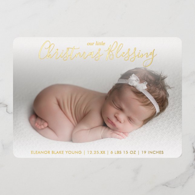 Elegant Gold Foil Photo Holiday Birth Announcement (Front)