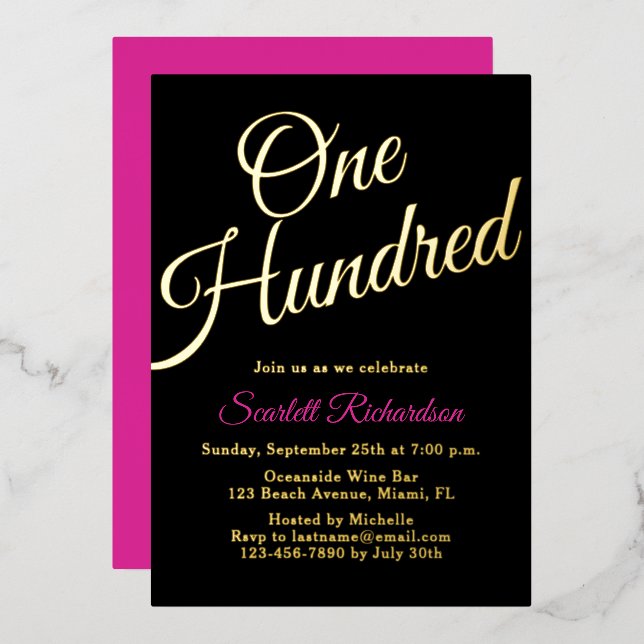Elegant Gold Foil Pink Black 100th Birthday Party (Front/Back)