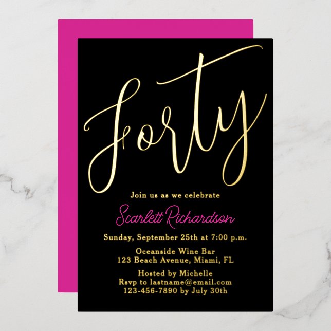Elegant Gold Foil Pink Black 40th Birthday Party (Front/Back)