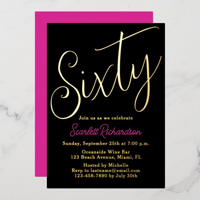 Elegant Gold Foil Pink Black 60th Birthday Party (Front/Back)