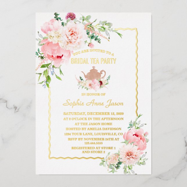 Elegant GOLD FOIL Pink Flowers Bridal Tea Party (Front)