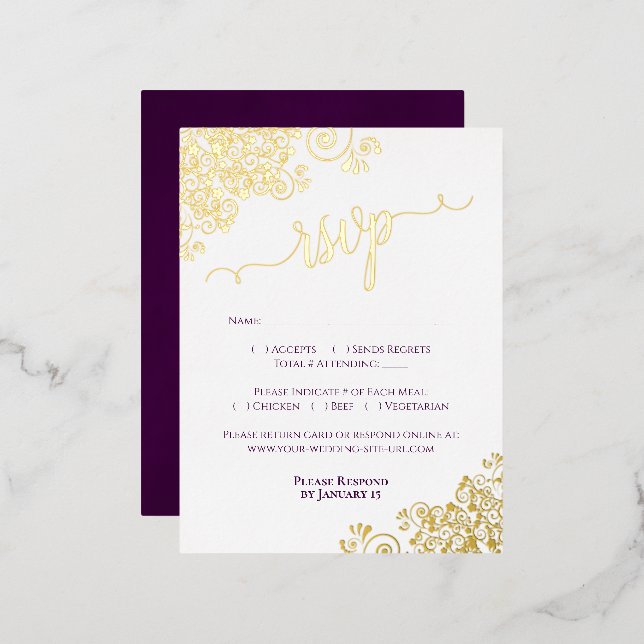 Elegant Gold Foil Plum Purple Wedding RSVP Card (Front/Back)
