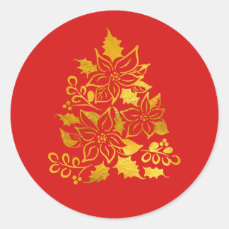Elegant Gold Foil Poinsettias Christmas Tree Classic Round Sticker