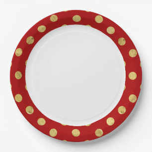 Elegant Gold Foil Polka Dot Pattern - Gold & Red Paper Plate