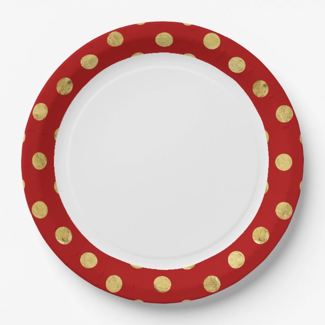 Elegant Gold Foil Polka Dot Pattern - Gold & Red Paper Plate (Front)