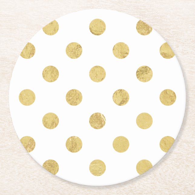 Elegant Gold Foil Polka Dot Pattern - Gold & White Round Paper Coaster (Front)