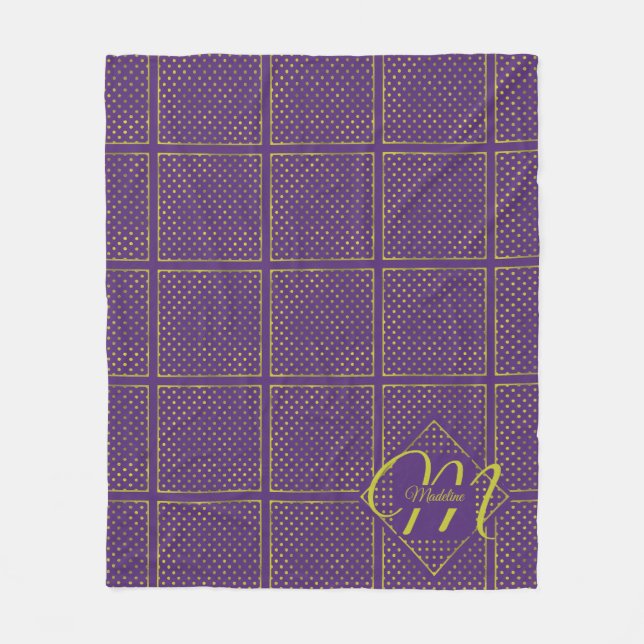 Elegant Gold Foil Polka Dots on Purple Monogram Fleece Blanket (Front)