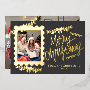Elegant Gold Foil Postage Stamp Merry Christmas Holiday Card