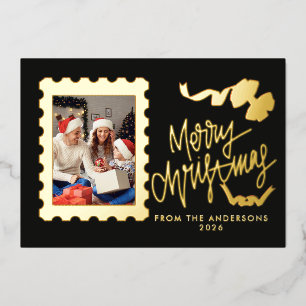 Elegant Gold Foil Postage Stamp Merry Christmas Holiday Card