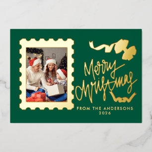 Elegant Gold Foil Postage Stamp Merry Christmas Holiday Card
