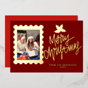 Elegant Gold Foil Postage Stamp Merry Christmas Holiday Card