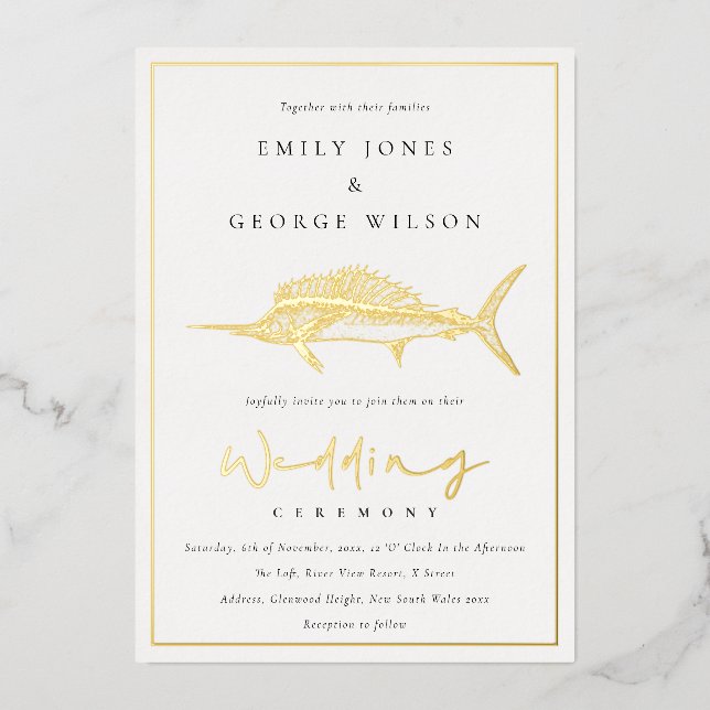 Elegant Gold Foil Sage Green Marline Fish Wedding (Front)