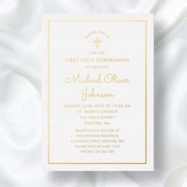 Elegant Gold Foil Script Blue First Communion (Elegant Gold Foil Script Blue First Communion Foil Invitation)