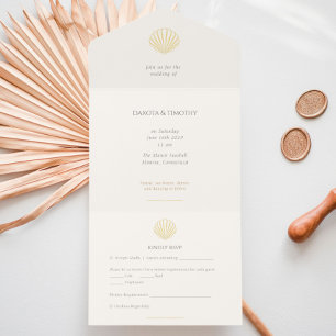Elegant Gold foil Seashell Wedding  All In One Invitation