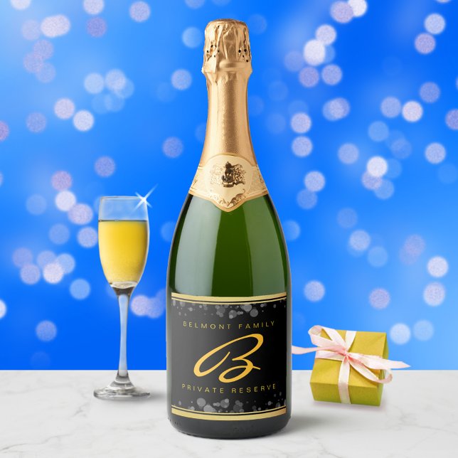 Elegant Gold Foil Silver Confetti on Black Sparkling Wine Label (Creator Uploaded)
