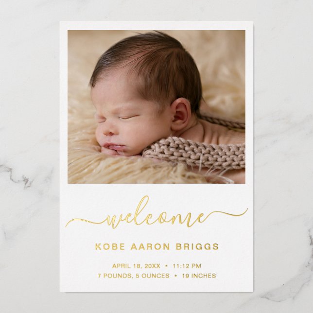 Elegant Gold Foil Simple Photo Birth Announcement (Front)