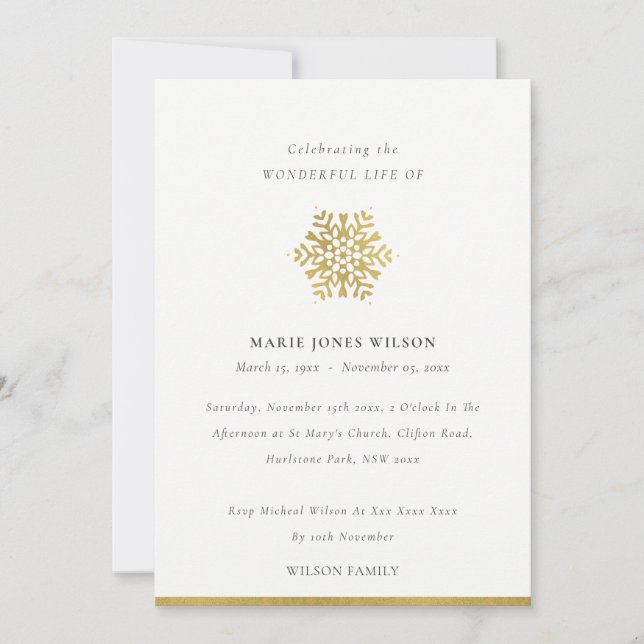 Elegant Gold Foil Snowflake Memorial Service Card (Front)
