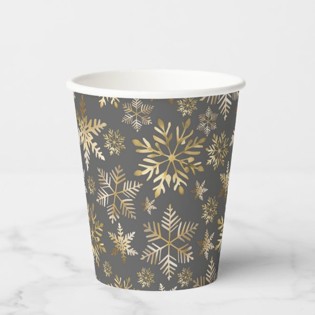 Elegant Gold Foil Snowflakes Grey Christmas Paper Cups (Front)