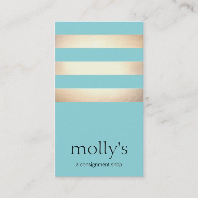 Elegant Gold Foil Striped Modern Aqua Blue Business Card (Front)
